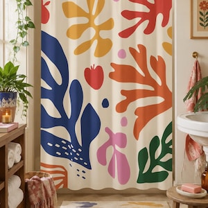 Cortina de chuveiro com estampa abstrata de folhas coloridas, decoração de banheiro estilo Matisse, boho moderno.