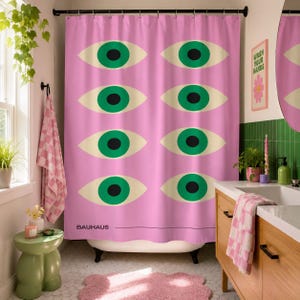 Cortina de chuveiro Bauhaus Pink Eyes, estampa abstrata em poliéster ecológico impermeável.
