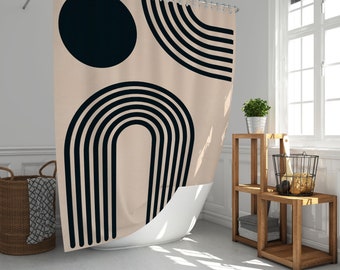 Beige and Black Shower Curtain Mid-Century Abstract Colorful Pattern Shower Curtain Eco-Friendly Waterproof Abstract Decor Hooks Included