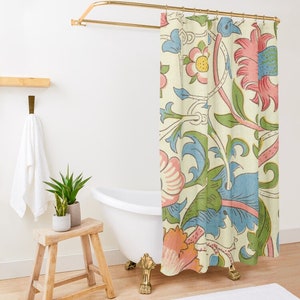 May include: A shower curtain featuring a vintage floral design in shades of pink, blue and green on a cream background.