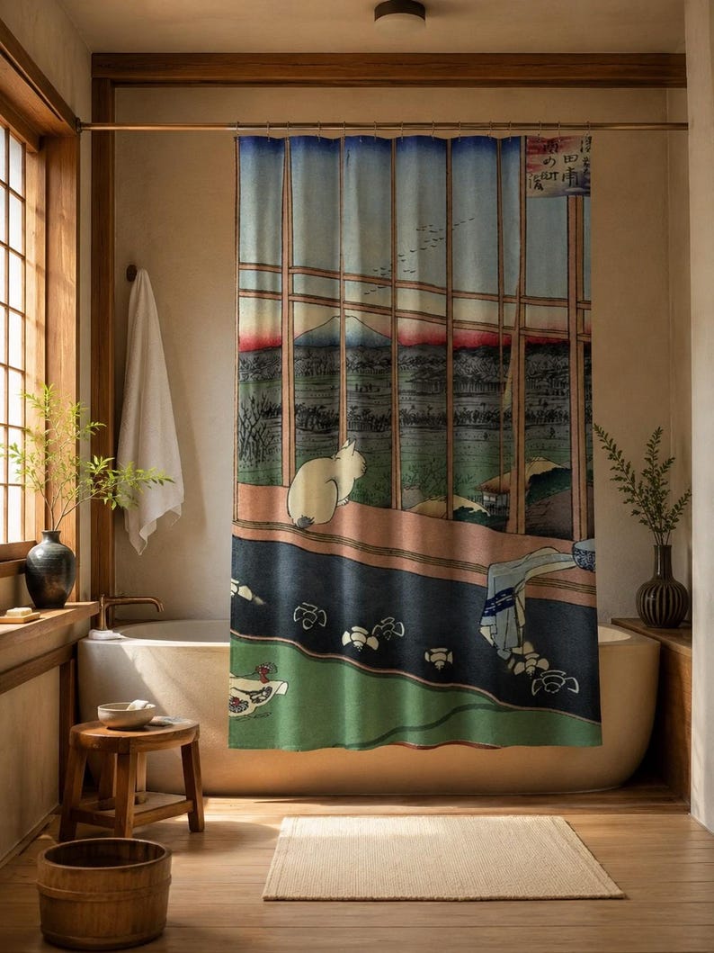 May include: A shower curtain featuring a Japanese woodblock print style illustration of a white cat sitting on a ledge overlooking a landscape with a mountain in the distance, framed by vertical window panes and blue, green, and brown tones.