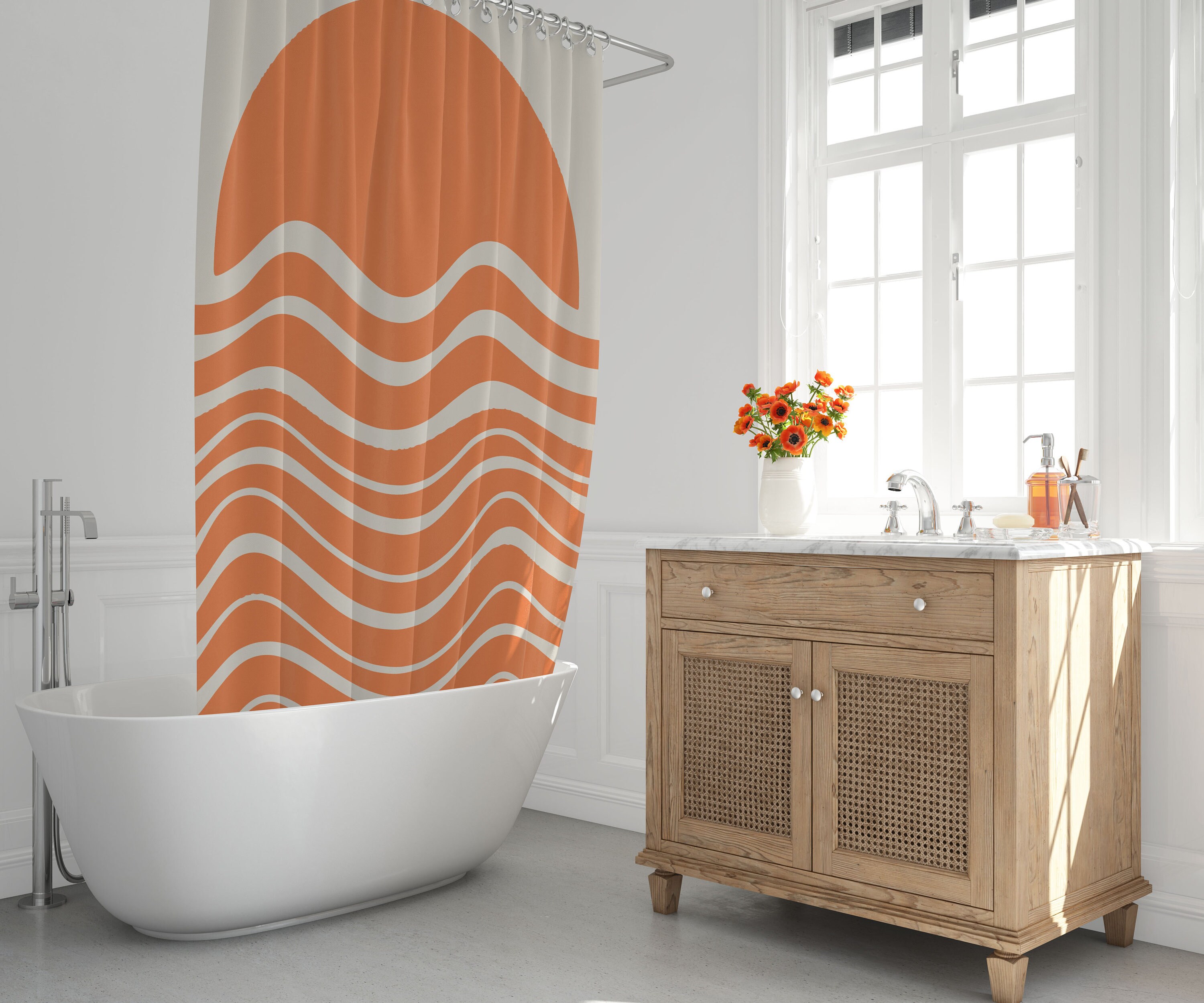 Duschvorhang Orange Geometrisch – 150x178 Cm, Mit Haken, Polyester, Maschinenwaschbar