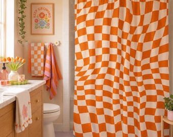 Orange Checkered Shower Curtain, Modern Abstract Decor