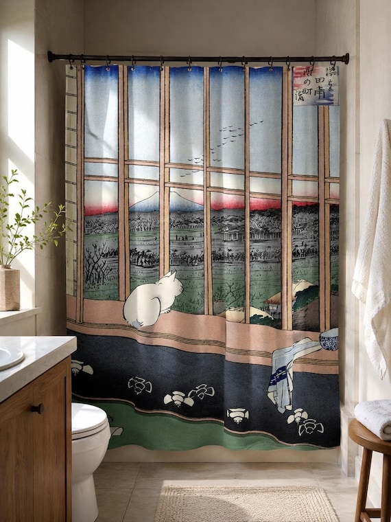 Japanese Art Cat Shower Curtain, Eco-Friendly Polyester, Bath Decor