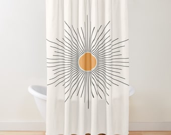 Sun Shower Curtain, Boho Mid-Century Sun, Shower Curtain Eco-Friendly, Waterproof, Abstract Decor, Summer Decor, With Hooks Included