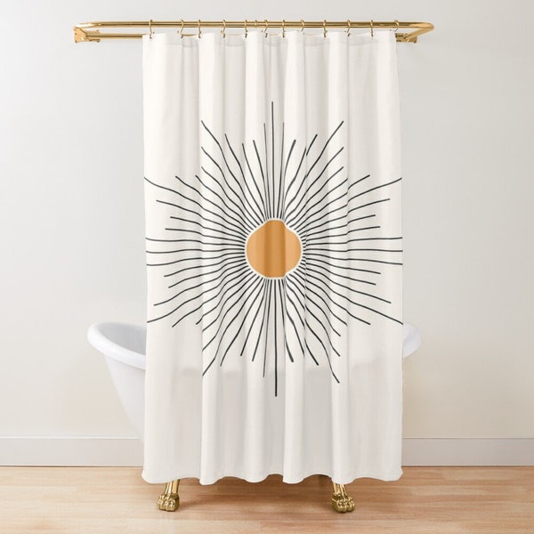 Cortina de ducha estilo boho con diseño de sol, decoración abstracta moderna de mediados de siglo