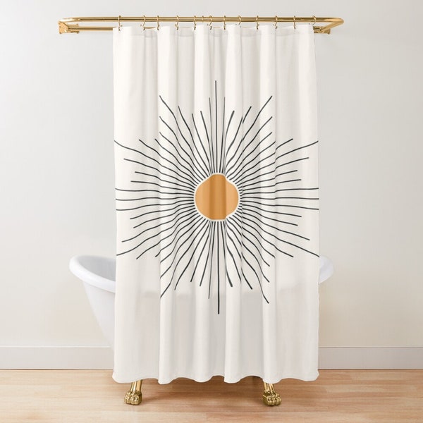 Sun Shower Curtain, Boho Mid-Century Sun, Shower Curtain Eco-Friendly, Waterproof, Abstract Decor, Summer Decor, With Hooks Included