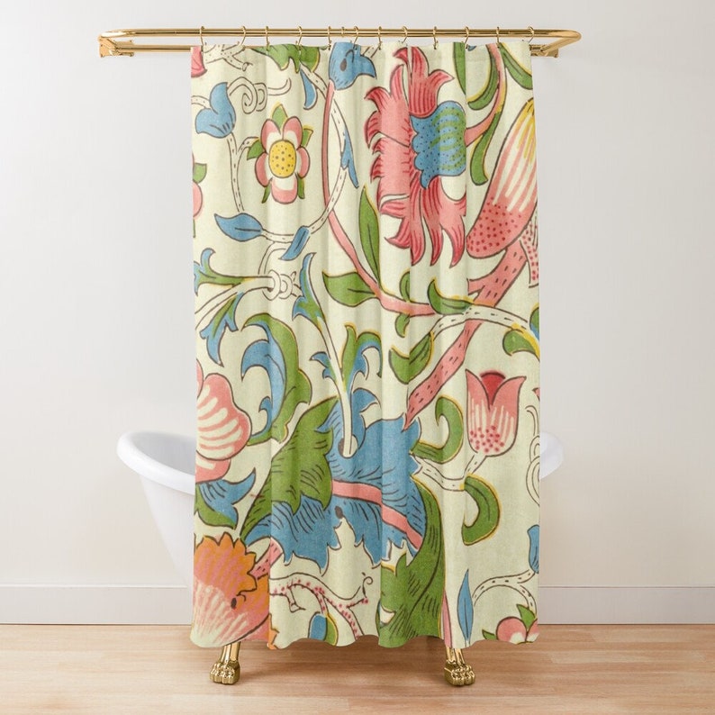 May include: A shower curtain featuring a vintage floral pattern with pink, blue, green, and yellow flowers on a cream background.
