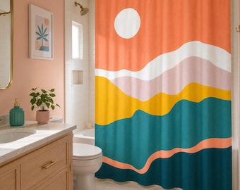 Boho Sunset Shower Curtain, Mid-Century Modern Abstract Decor