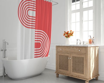 White and Red Shower Curtain Mid-Century  Abstract Colorful Pattern Shower Curtain Eco-Friendly Waterproof Abstract Decor Hooks Included