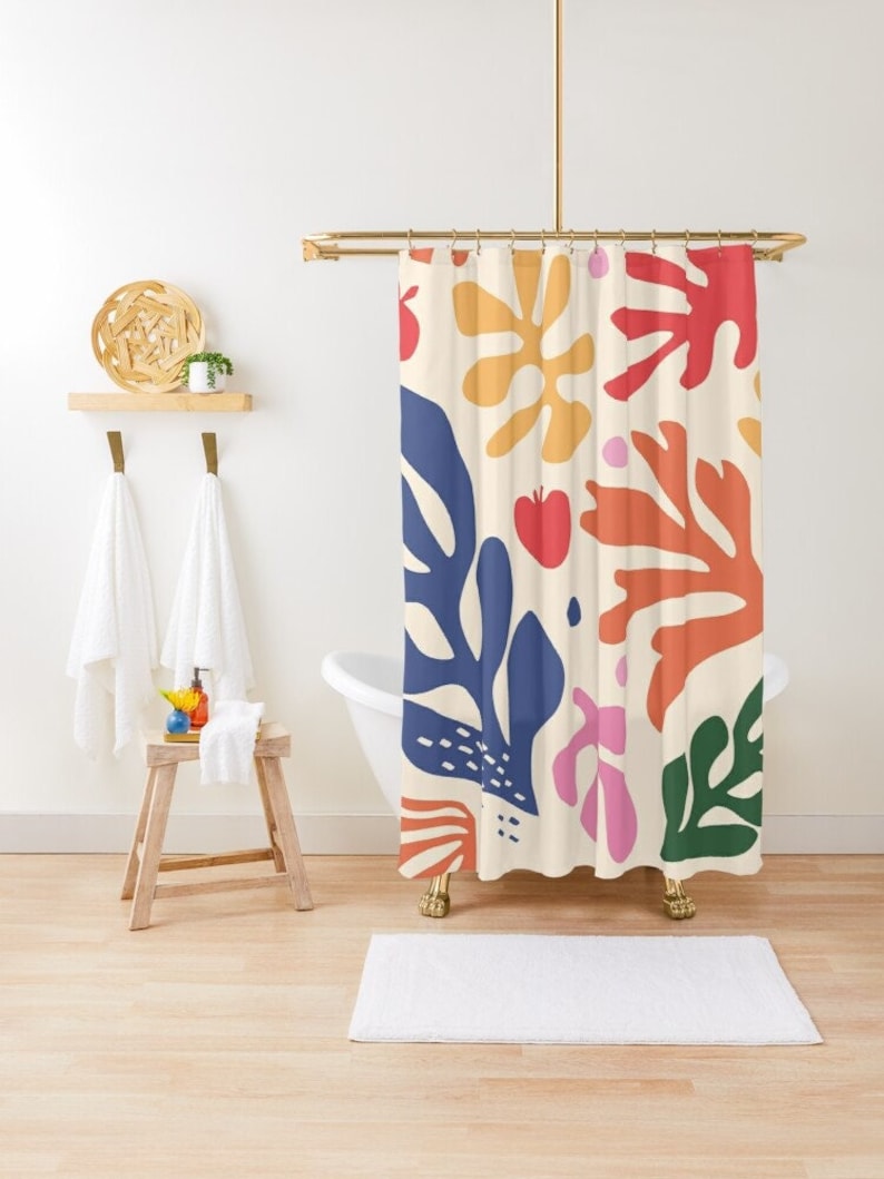 Shower Curtain Boho Mid-Century Abstract Plant Patterns Trendy Shower Curtain Eco-Friendly Waterproof Abstract Decor With Hooks Included image 1