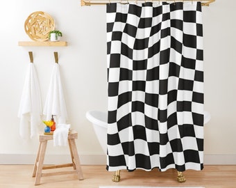 Black And White Squares Shower Curtain, Modern Abstract Shower Curtain, Eco-Friendly Material, Waterproof, Abstract Decor,  Hooks Included