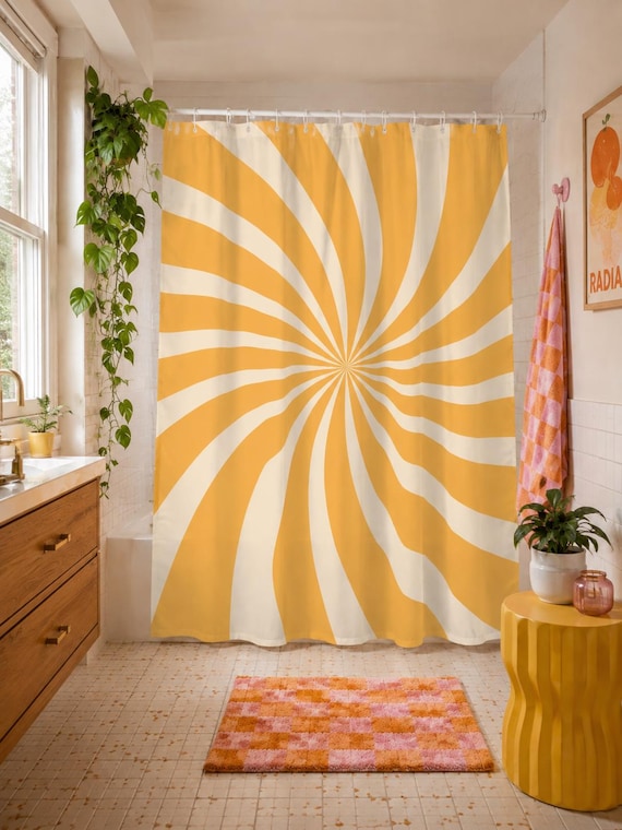 Gelber Duschvorhang mit Sonnenmuster, Badezimmerdeko im Retro-Stil