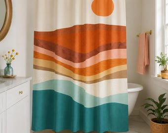 Boho Sunset Shower Curtain: Mid-Century Modern Abstract Decor