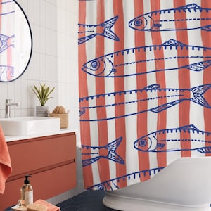 Fish Shower Curtain, Mediterranean Bathroom Decor, Red Striped Coastal Bath