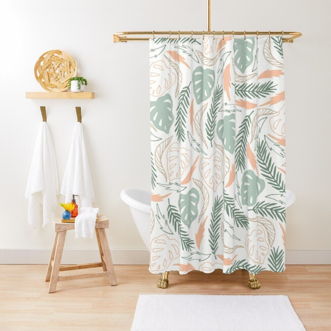 Botanic Shower Curtain Boho Botanic Curtain Leaves Bathroom Etsy