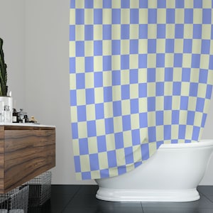 Retro Blue Squares Shower Curtain, Waterproof Eco-Polyester, Hooks Included