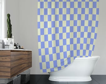 Retro Duschvorhang mit blauen Quadraten, wasserdichtes Eco-Polyester, inklusive Haken