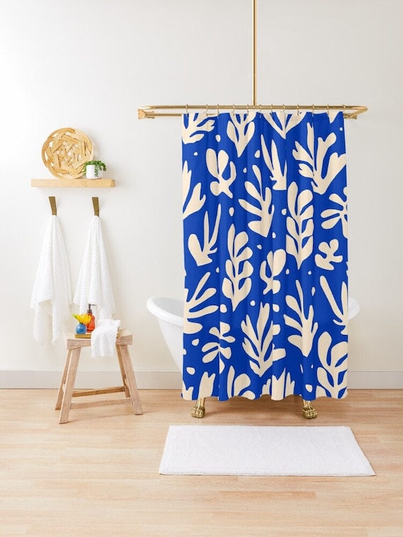 Blue Boho Shower Curtain: Mid-Century Matisse Style, Waterproof