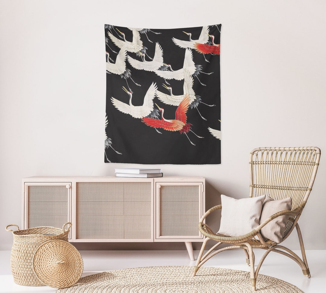 Birds Tapestry Japanese Wall Hanging Black Tapestry Asian Art Decor