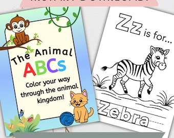 Pagine da colorare con l'alfabeto degli animali / Attività per bambini (download digitale)