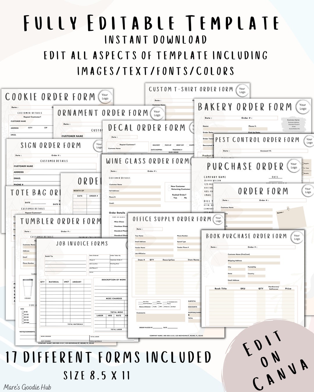 17 Editable Order Form Template Bundle, Invoice Tumble Wine Tshirt Tote ...