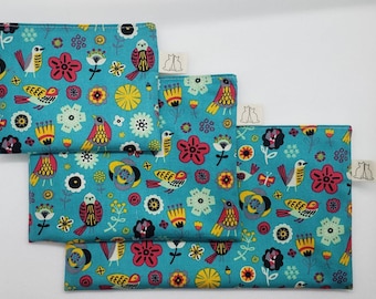Snack pouch, reusable bag, all-purpose pouches, bird pattern fabrics, 3 sizes available