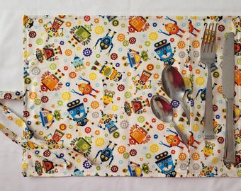 Fabric placemat with utensil pouch, lunch placemat, reusable.