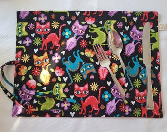 Reusable fabric placemat with utensil pocket, lunch placemat.