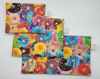 Snack pouch, reusable bag, all-purpose pouches, donut pattern fabric, 3 sizes available