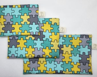 Snack pouch, reusable bag, all-purpose pouches, puzzle pattern fabrics, 3 sizes available