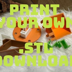 May include: A collection of 3D printed components in orange, white, brown, and green, including a circular base, a triangular bracket, and a box-like structure. The text PRINT YOUR OWN .STL DOWNLOAD is overlaid in bright green across the objects.