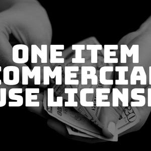 May include: A black and white graphic featuring the bold white text ONE ITEM COMMERCIAL USE LICENSE overlaid on a grayscale image of paper currency being held. The design is clear, high-contrast, and centered for professional digital display.