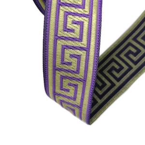 Cinta Jacquard púrpura / dorada de 35 mm (1,38 pulgadas), cinta tejida a mano, cinta de artesanía bordada de modelo cuadrado, cinta de cortina, correa de llave griega