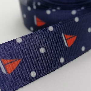 20mm Marineblaue Segelboot Bänder 1,5 cm, Grosgrainband, Bedruckte Bänder, Segelboot Borte, Polka-Dot, PRNTD