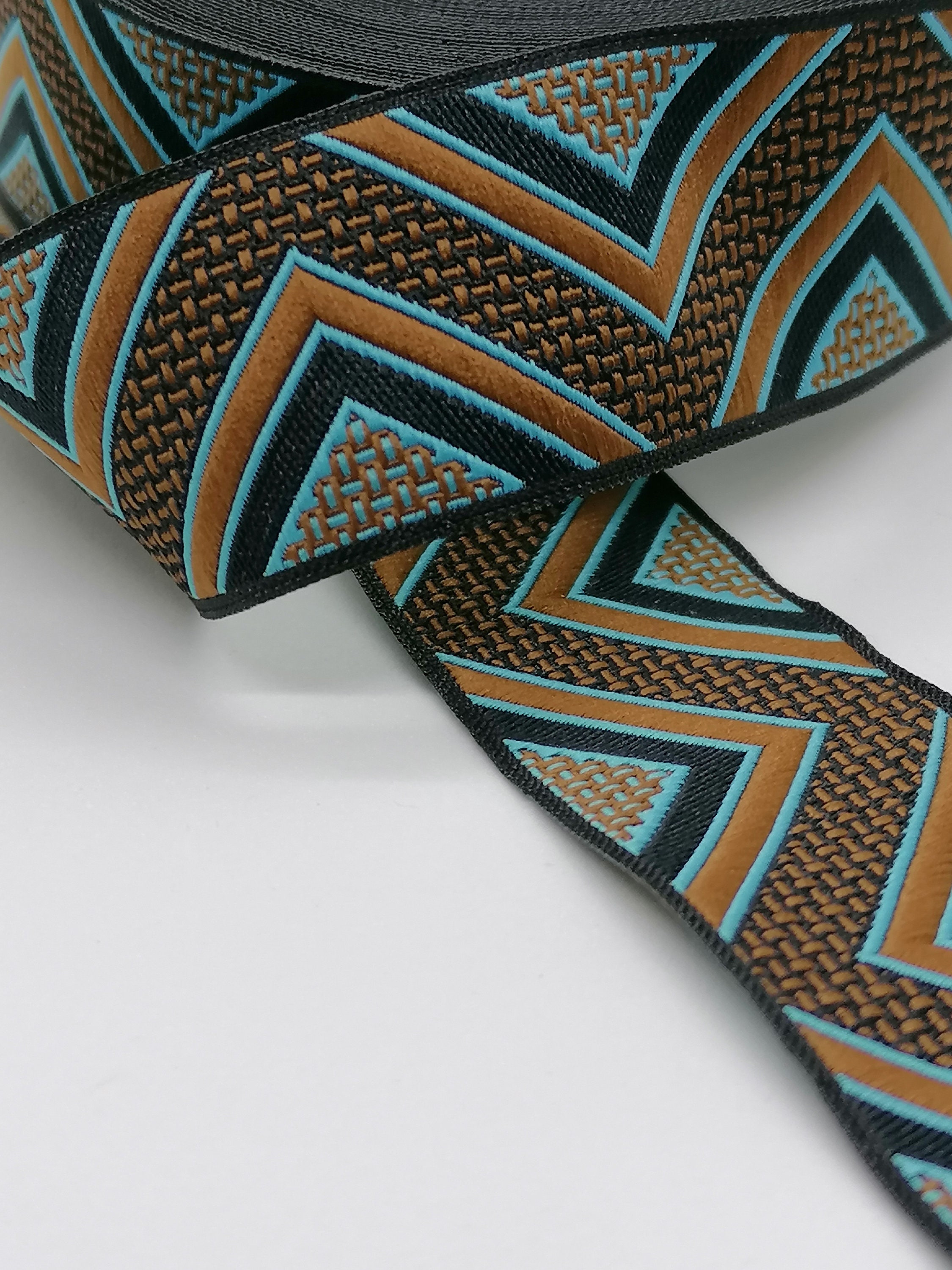 Turquoise Ribbon Line 25 Mm Brown & Turquoise Triangle Line Jacquard Ribbon (0.98 Inches ...