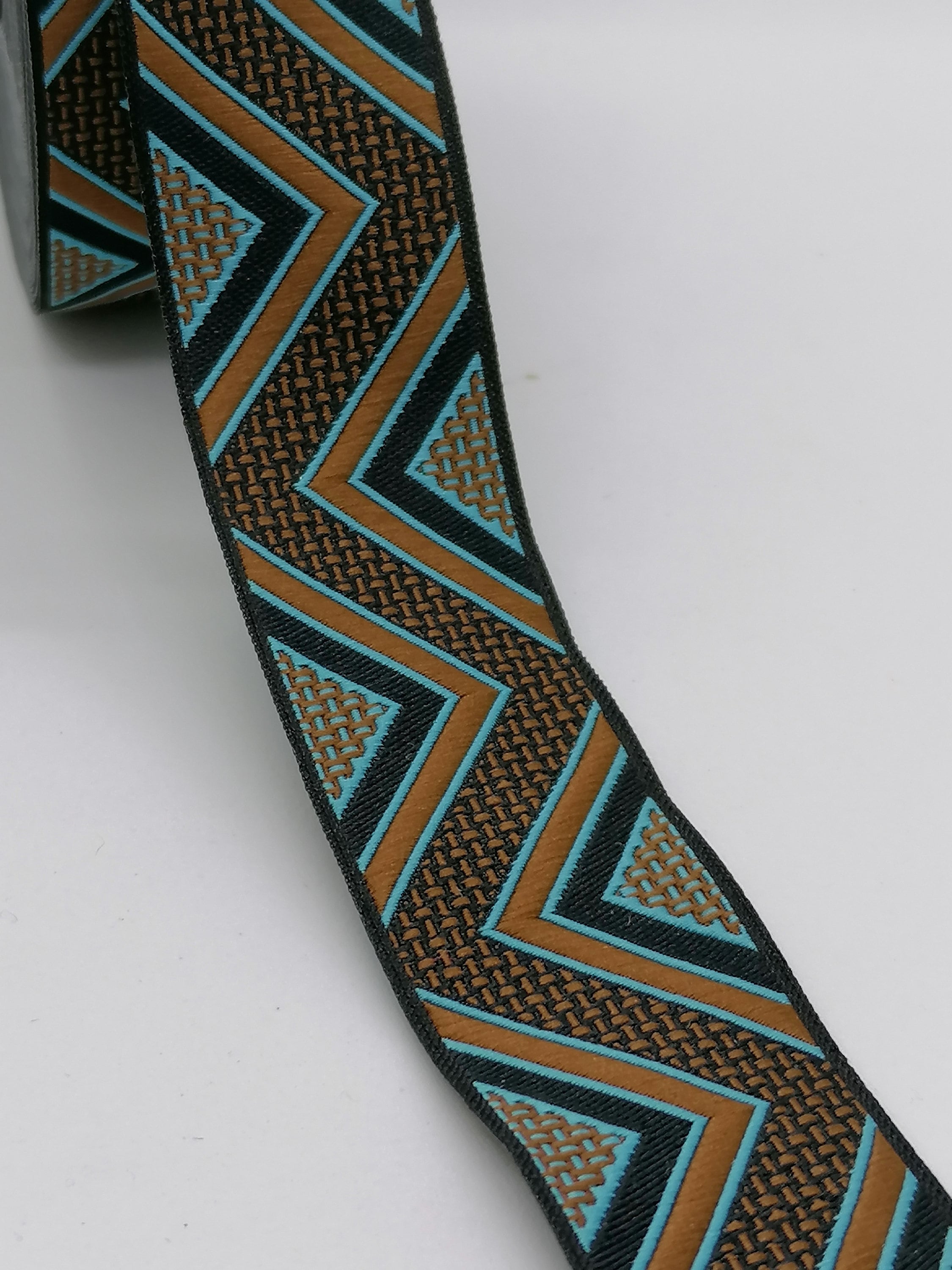 Turquoise Ribbon Line 25 Mm Brown & Turquoise Triangle Line Jacquard Ribbon (0.98 Inches ...