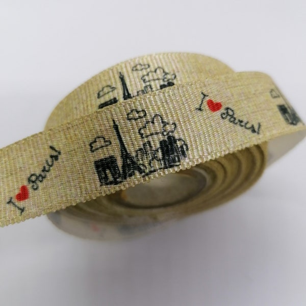 I Love Paris Patterned 20 mm - 0.78 inches grosgrain ribbon, Eiffel Tower -Themed Ornament, Grosgrain trim, Turkish Ribbon