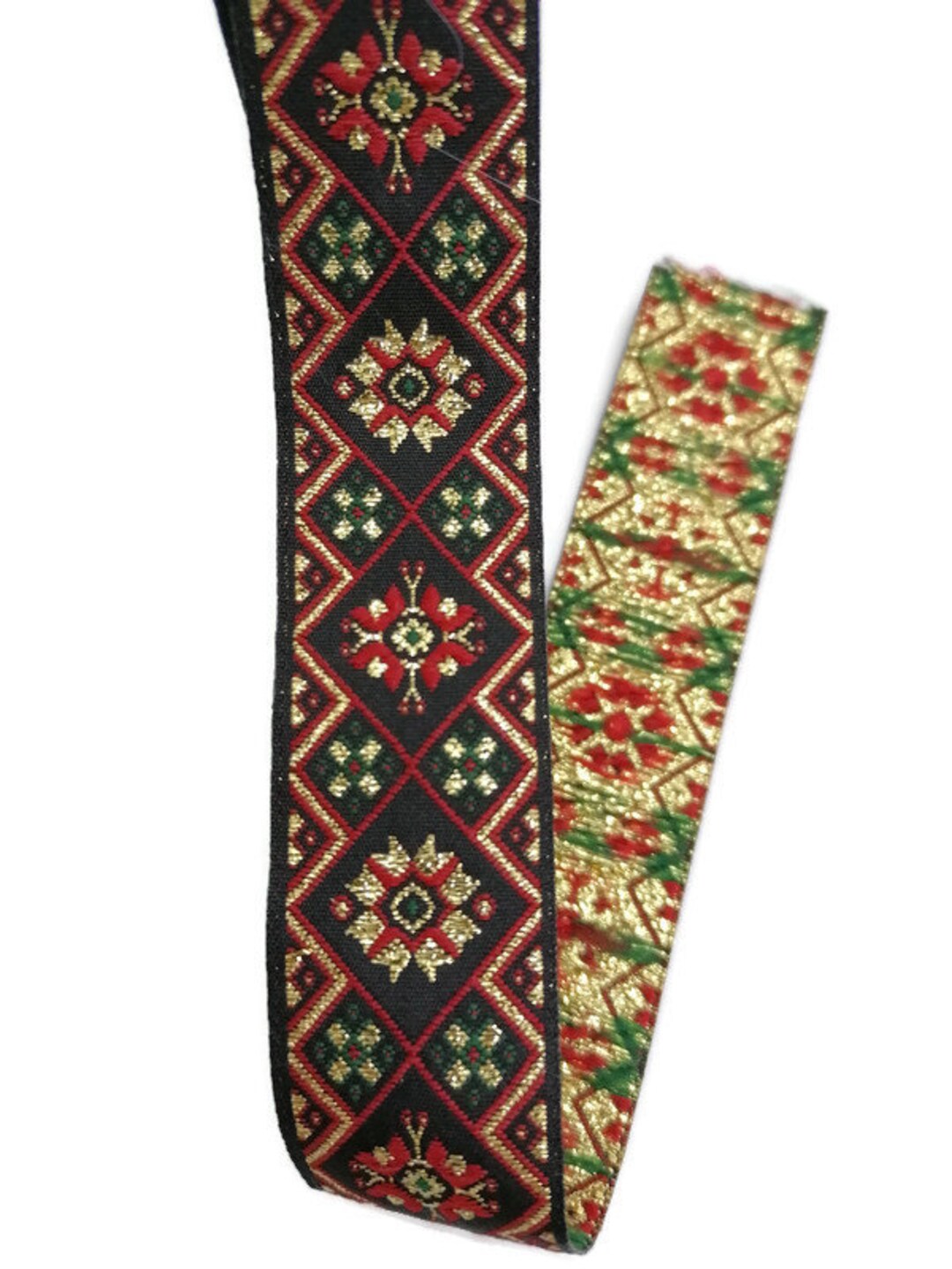 25 Mm Red / Green / Gold Bright Geometric Ribbon (0,98 Inch), Jacquard ...
