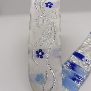35 mm Blue / Gray Bright Floral Pattern Jacquard Ribbon (1.37 inch), Woven Ribbon, Embroidery ribbon, Decoration Sewing Trim, Fabric notion