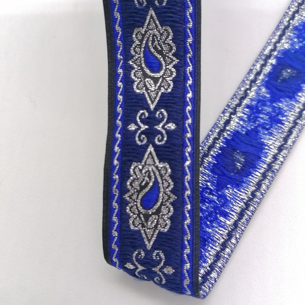 25 mm Navy Blue Motive ribbon (0.98 inch), drop patterned embroidered trims, otantic ribbon, handwoven jacquard fabric ribbon, vintage strip