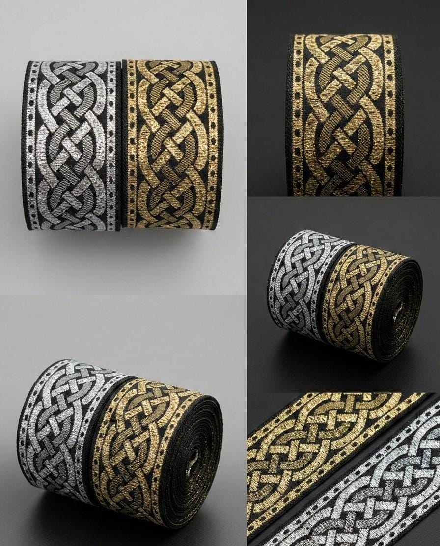 Celtic Rope Ribbon Celtic Knot Jacquard Ribbon, Gold Silver Metallic Woven Trim, Viking ...