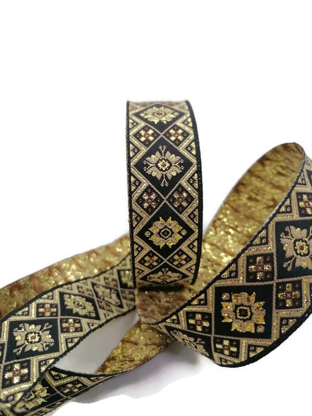 35 Mm Bright Gold Floral Shape Ribbon (1,37 Inch), Jacquard Ribbons ...