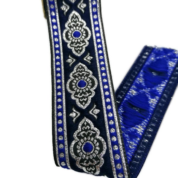 25 mm Navy Blue / Gray Medieval Motive ribbon (0.98 inches), Embroidered trim, otantic ribbon, handwoven jacquard fabric trim, vintage strip