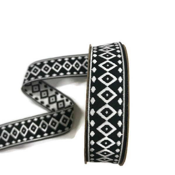 22 mm Black & White Geometric Ribbons 0.87 inch, Vintage ribbons, Jacquard ribbon, Sewing dress, Jacquard trim, Decorative ribbon