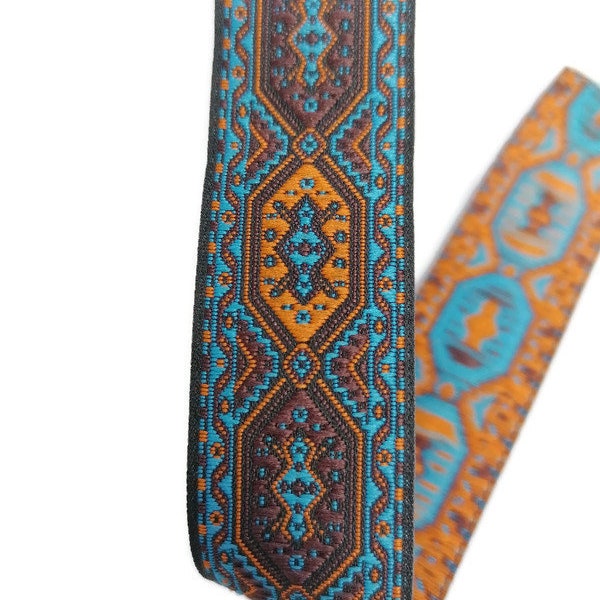 18mm Blue / Orange Carpet Motive Ribbon (0,71 inch) Embroidered Strap, Woven Craft Trim, Handwoven strip, Turkish Ribbons, Decoration sewing