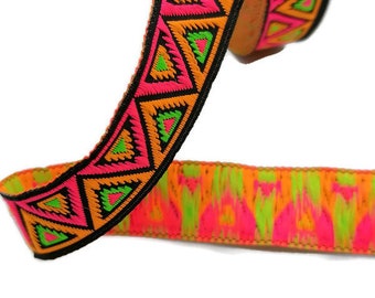 16 mm Fuchsia / Orange Chevron Jacquard ribbon (0,63 inches), Embroidered Decorative  strap, native trims, handwoven ribbon, costume sewing