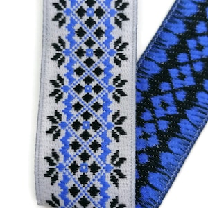 28 mm Blue / White / Black Mosaic Vintage Ribbon (1.10 inch), Decorative Ribbon, Sewing trim, Jacquard Handwoven Ribbon, Embroidered strap