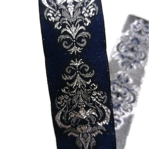 35 mm Navy Blue / Gray Jacquard Ribbon (1.38 inch), Woven Royal  Trim, Embroidery Ethnic Strim, Native Decorative Sewing Trim, Fabric Notion