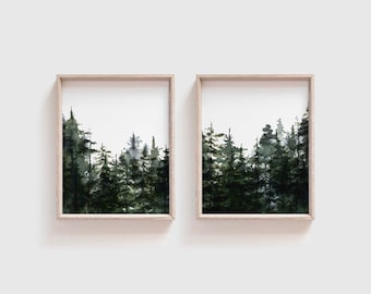 Watercolor Pine Tree Art Print Set: Forest Winter Wall Decor